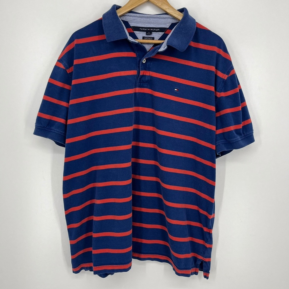 Tommy Hilfiger Mens XXL Custom Fit Striped Polo Shirt Navy Blue Red Short Sleeve